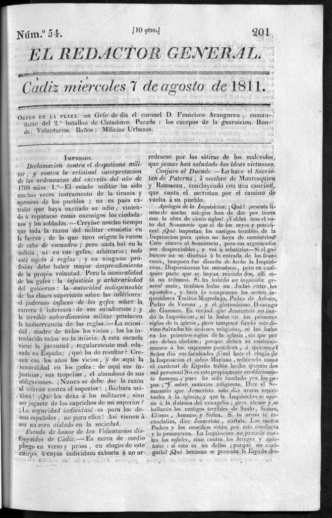 Miniatura de Redactor General del miércoles 7 de agosto de 1811