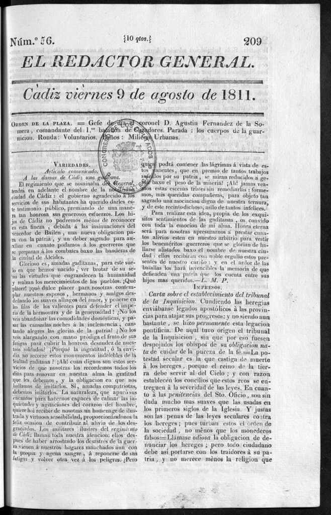 Miniatura de Redactor General del viernes 9 de agosto de 1811