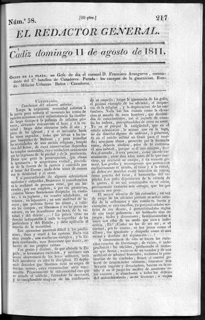 Miniatura de Redactor General del domingo 11 de agosto de 1811