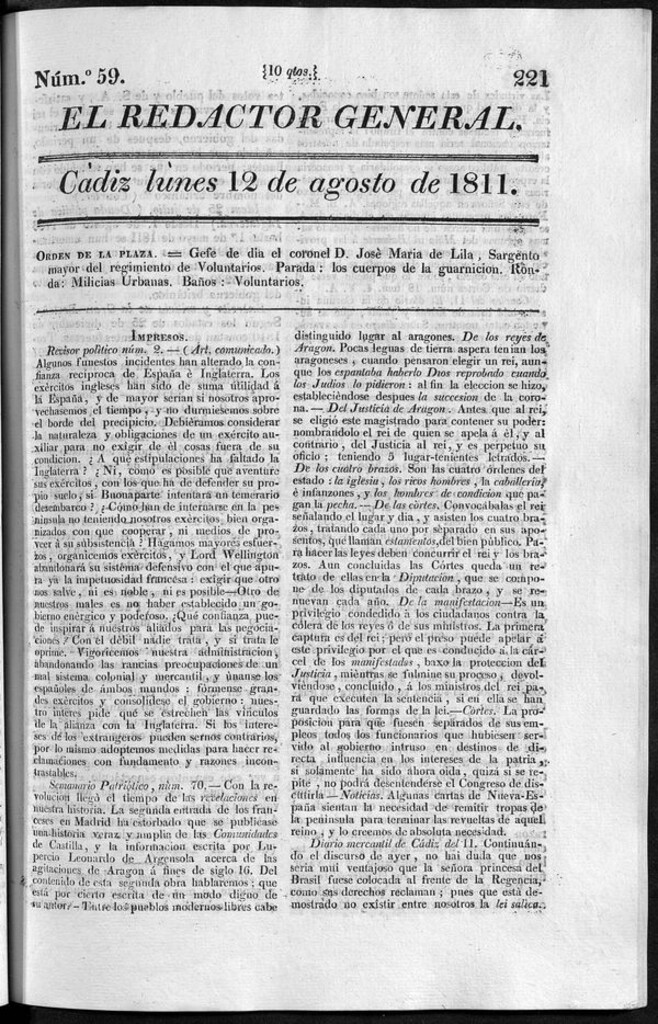 Miniatura de Redactor General del lunes 12 de agosto de 1811