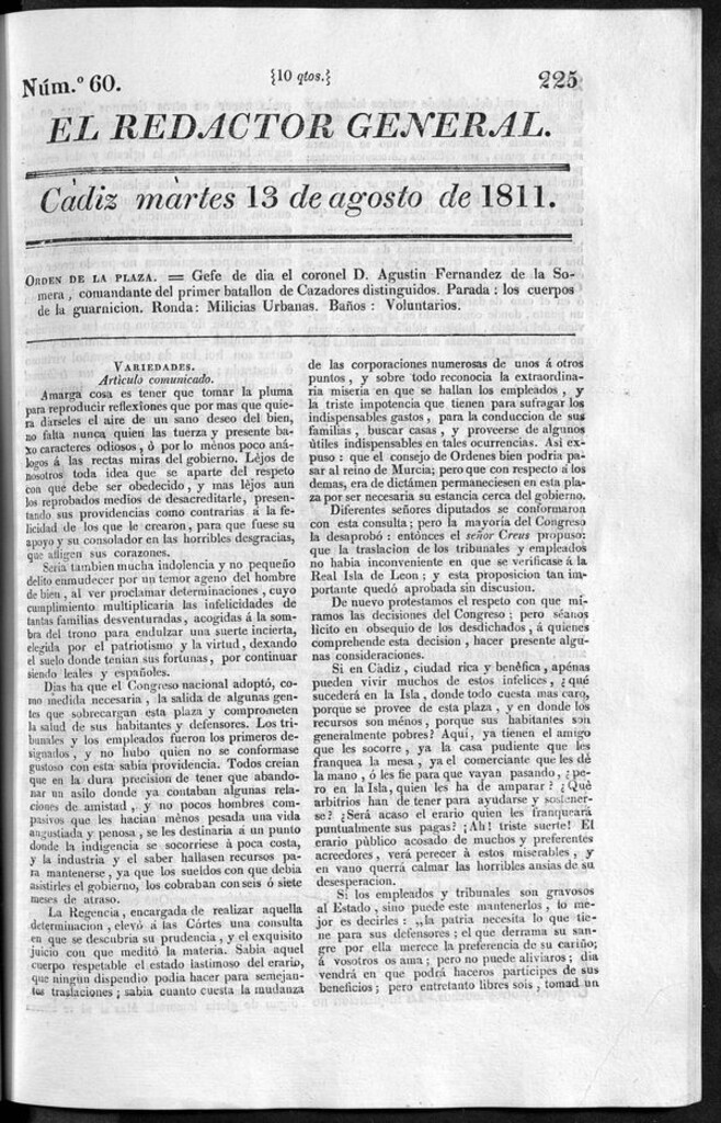 Miniatura de Redactor General del martes 13 de agosto de 1811