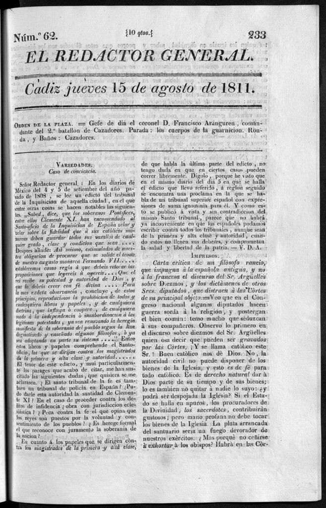 Miniatura de Redactor General del jueves 15 de agosto de 1811