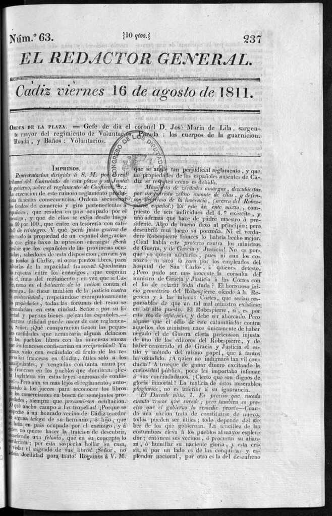 Miniatura de Redactor General del viernes 16 de agosto de 1811