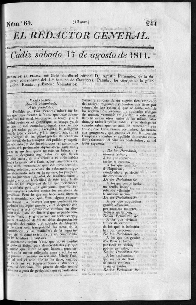 Miniatura de Redactor General del sábado 17 de agosto de 1811