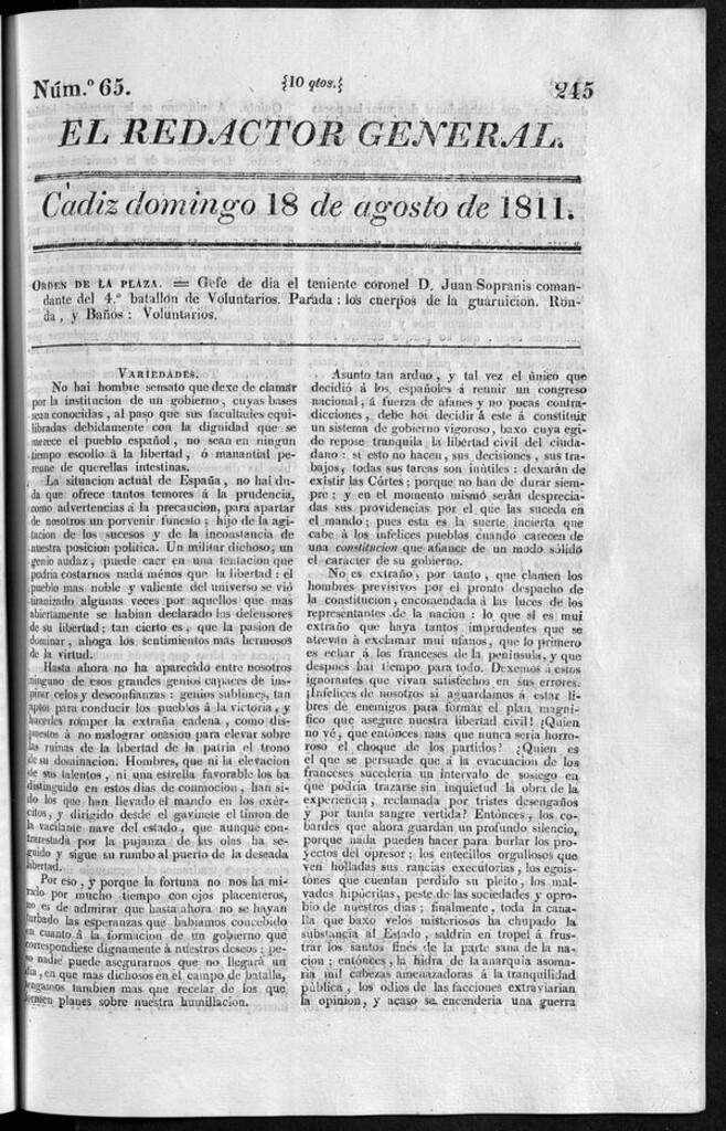 Miniatura de Redactor General del domingo 18 de agosto de 1811