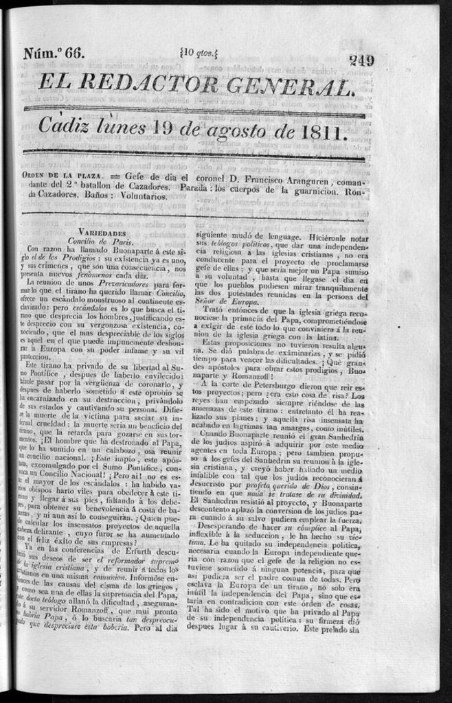 Miniatura de Redactor General del lunes 19 de agosto de 1811