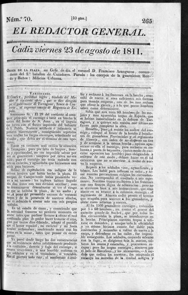 Miniatura de Redactor General del viernes 23 de agosto de 1811