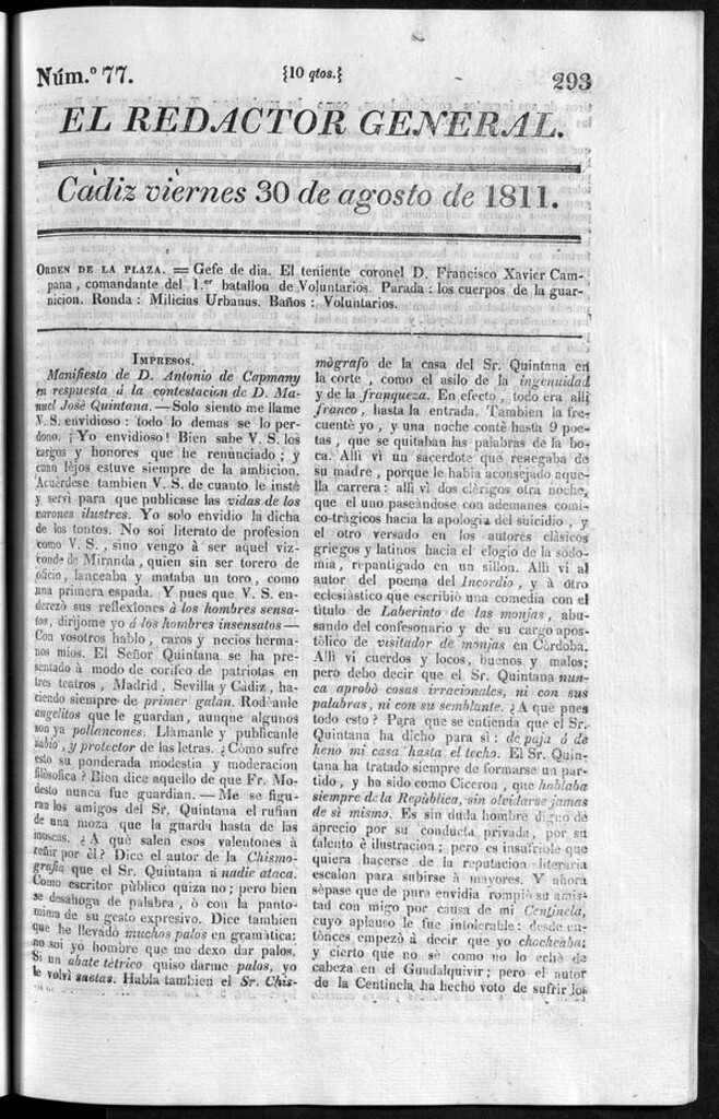 Miniatura de Redactor General del viernes 30 de agosto de 1811