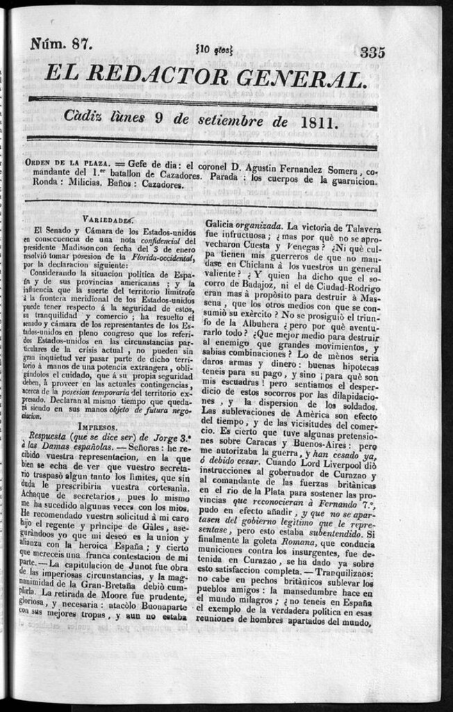 Miniatura de Redactor General del lunes 9 de septiembre de 1811