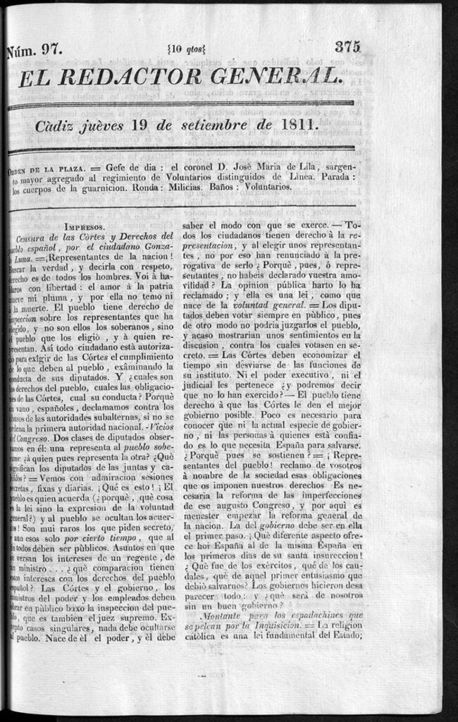 Miniatura de Redactor General del jueves 19 de septiembre de 1811