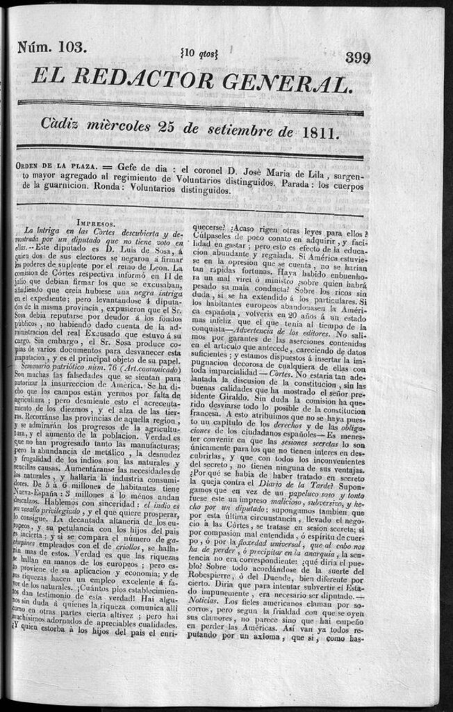 Miniatura de Redactor General del miércoles 25 de septiembre de 1811
