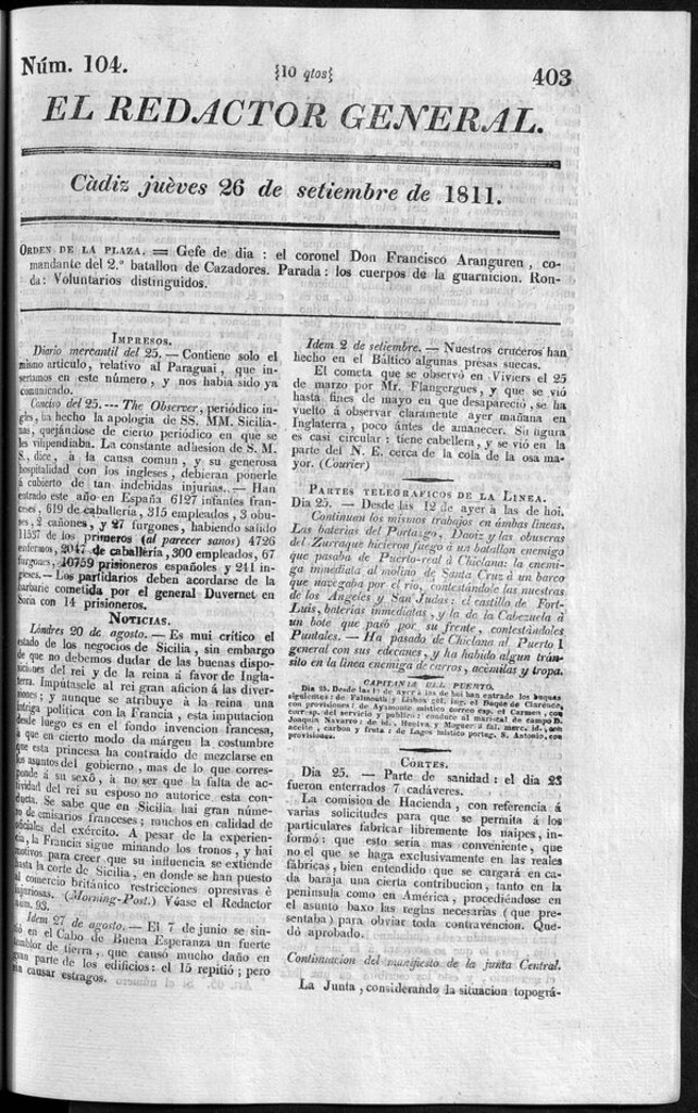 Miniatura de Redactor General del jueves 26 de septiembre de 1811