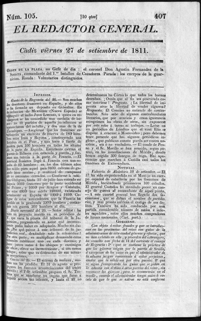 Miniatura de Redactor General del viernes 27 de septiembre de 1811