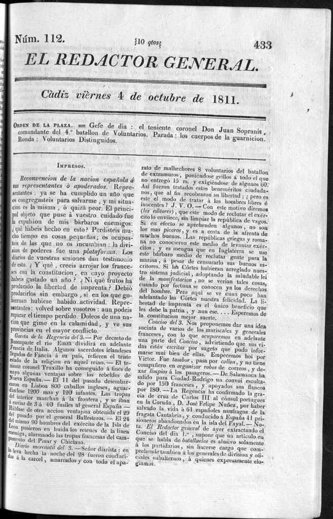Miniatura de Redactor General del viernes 4 de octubre de 1811
