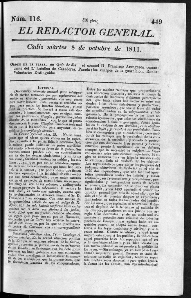 Miniatura de Redactor General del martes 8 de octubre de 1811