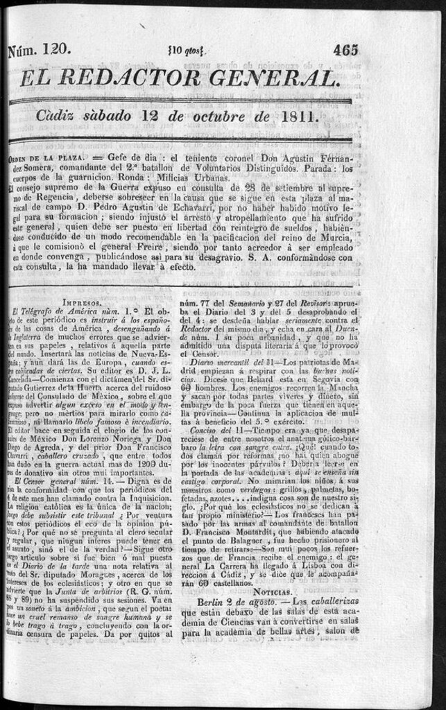 Miniatura de Redactor General del sábado 12 de octubre de 1811