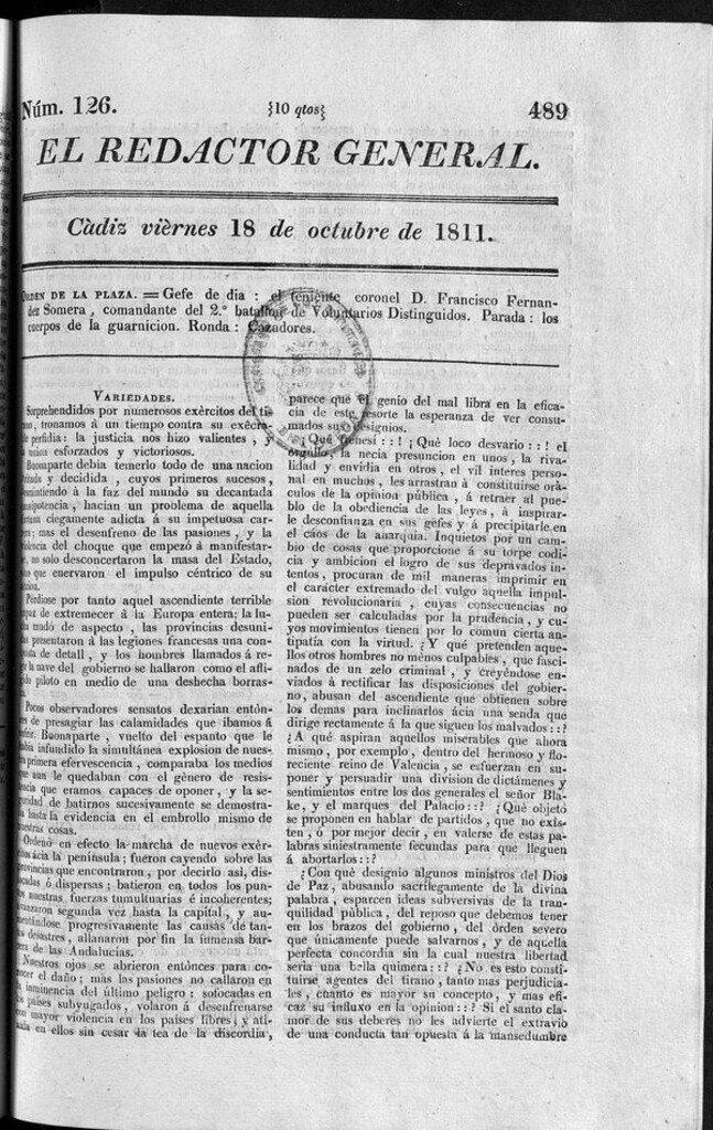 Miniatura de Redactor General del viernes 18 de octubre de 1811