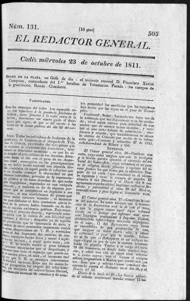 Miniatura de Redactor General del miércoles 23 de octubre de 1811