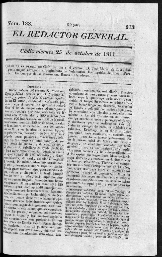 Miniatura de Redactor General del viernes 25 de octubre de 1811