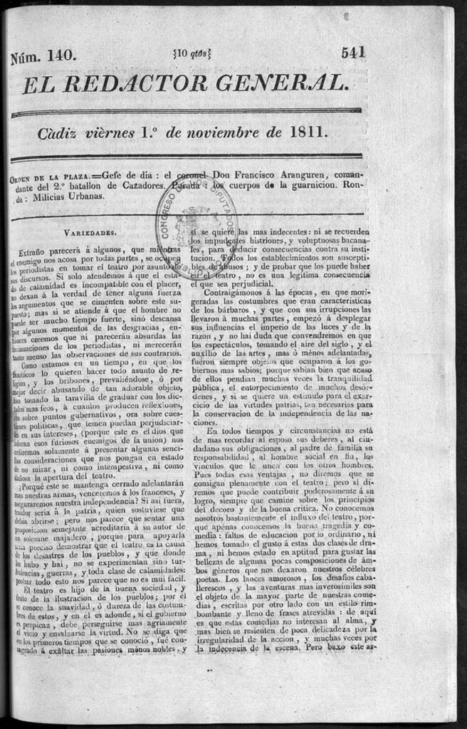 Miniatura de Redactor General del viernes 1 de noviembre de 1811