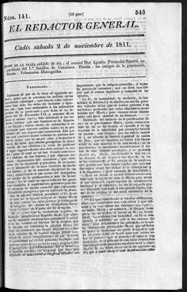 Miniatura de Redactor General del sábado 2 de noviembre de 1811