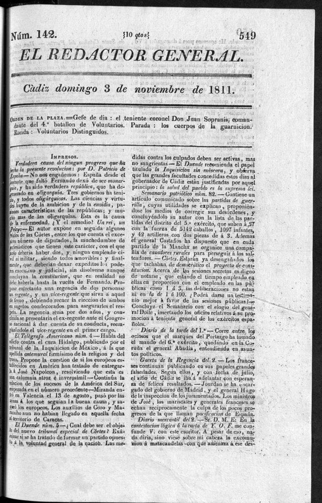 Miniatura de Redactor General del domingo 3 de noviembre de 1811
