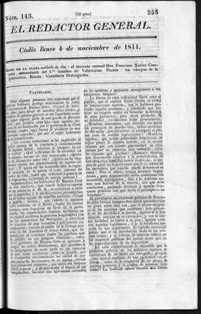 Miniatura de Redactor General del lunes 4 de noviembre de 1811