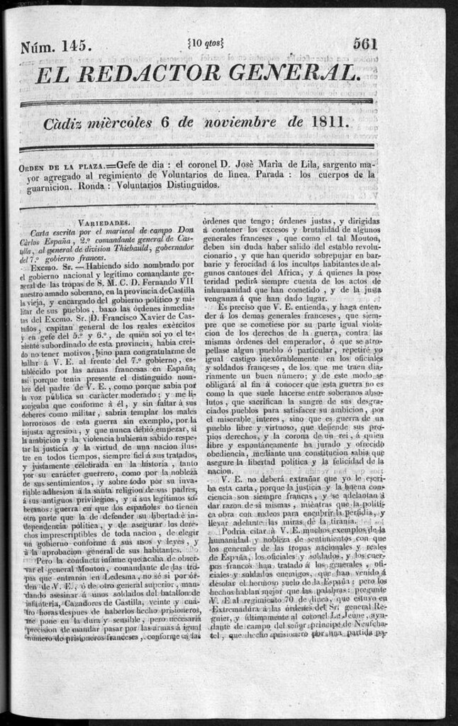 Miniatura de Redactor General del miércoles 6 de noviembre de 1811