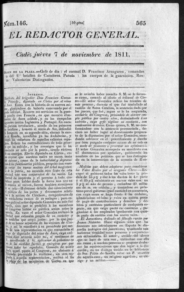 Miniatura de Redactor General del jueves 7 de noviembre de 1811