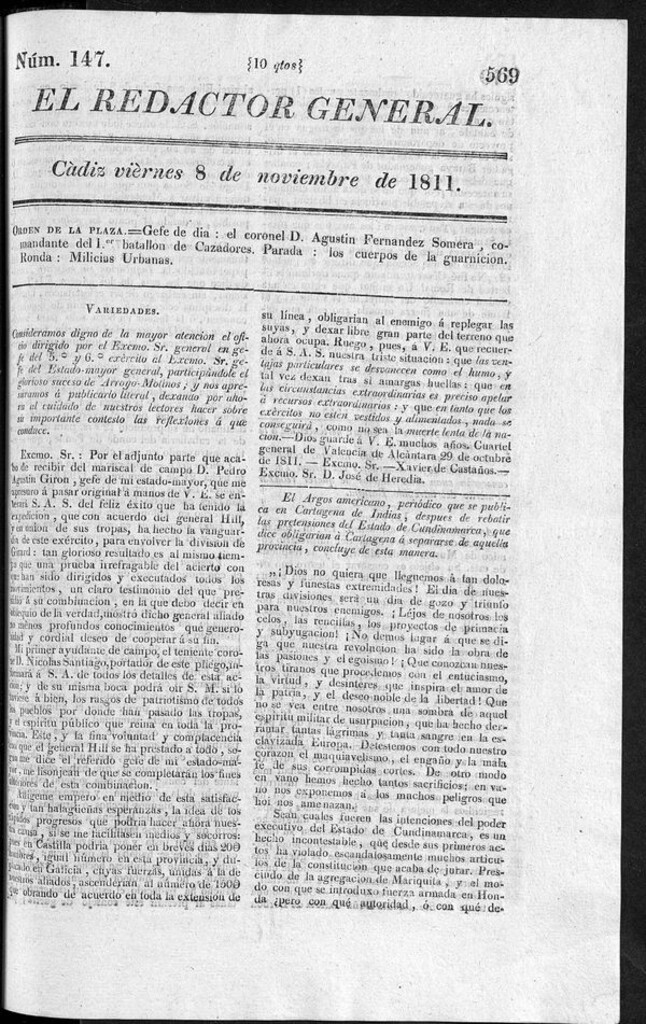 Miniatura de Redactor General del viernes 8 de noviembre de 1811