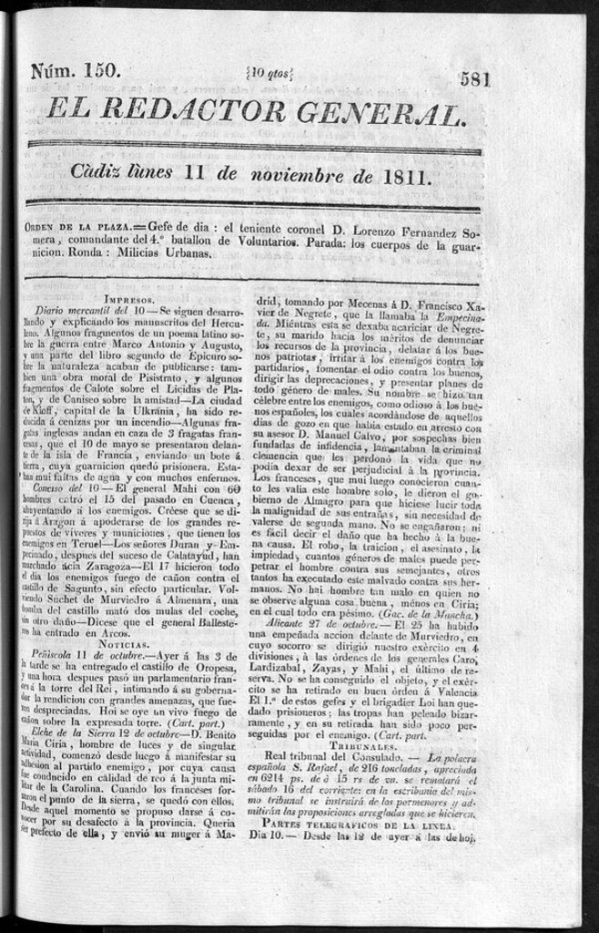 Miniatura de Redactor General del lunes 11 de noviembre de 1811