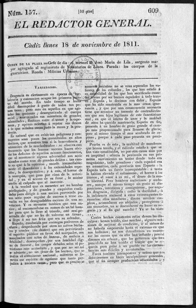 Miniatura de Redactor General del lunes 18 noviembre 1811