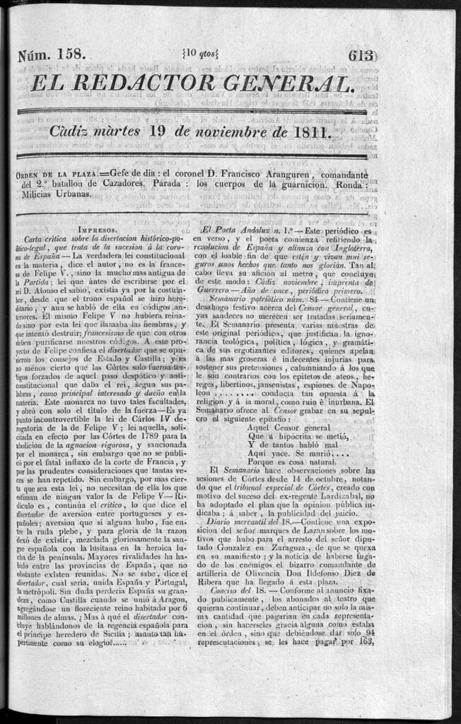 Miniatura de Redactor General del martes 19 noviembre 1811