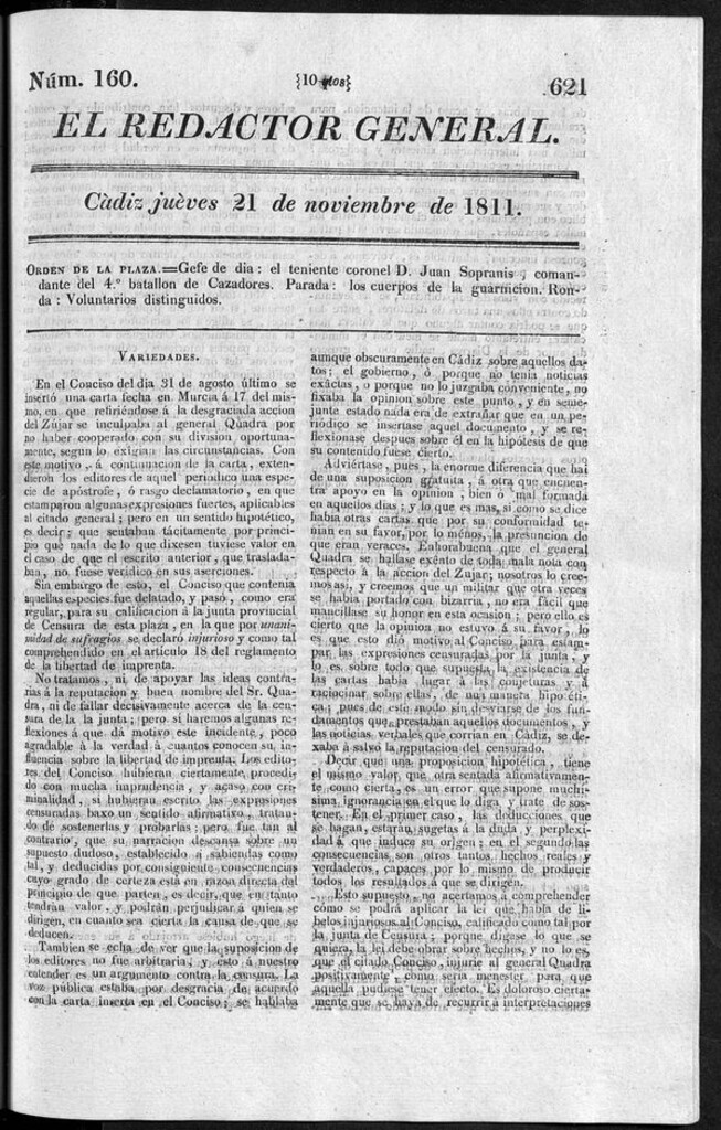 Miniatura de Redactor General del jueves 21 noviembre 1811