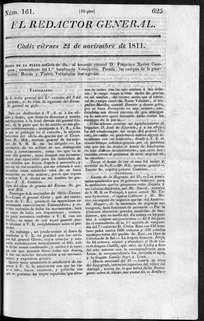 Miniatura de Redactor General del viernes 22 noviembre 1811