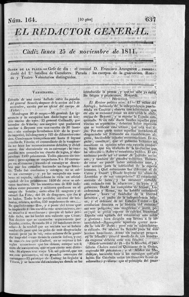 Miniatura de Redactor General del lunes 25 noviembre 1811