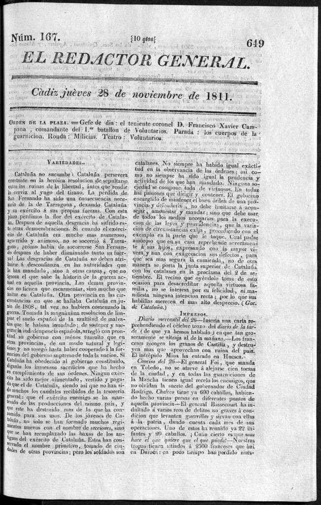 Miniatura de Redactor General del jueves 28 noviembre 1811