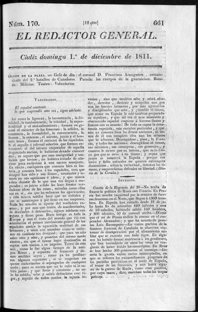 Miniatura de Redactor General del domingo 1 de diciembre 1811