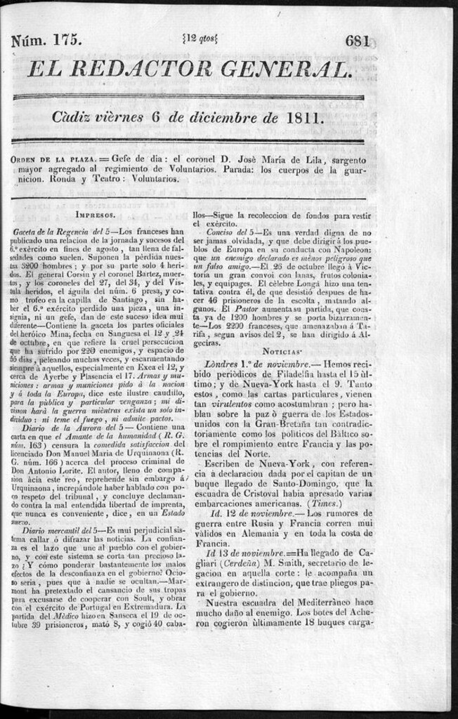 Miniatura de Redactor General del viernes 6 de diciembre 1811