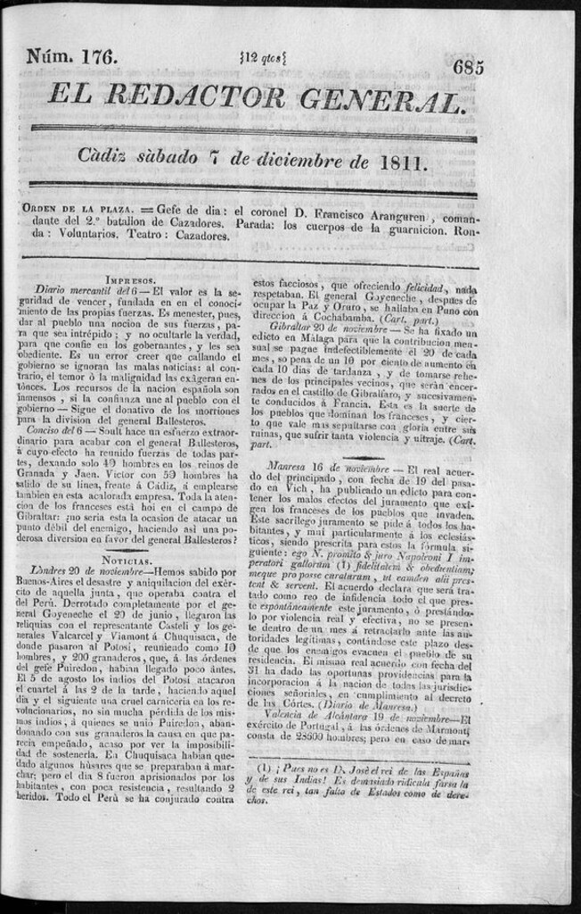 Miniatura de Redactor General del sábado 7 de diciembre 1811
