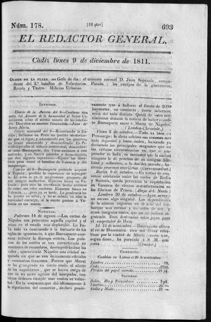 Miniatura de Redactor General del lunes 9 de diciembre 1811