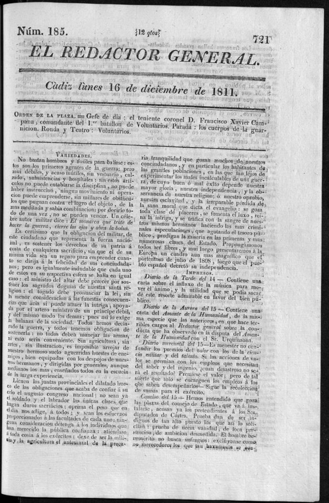 Miniatura de Redactor General del lunes 16 de diciembre 1811