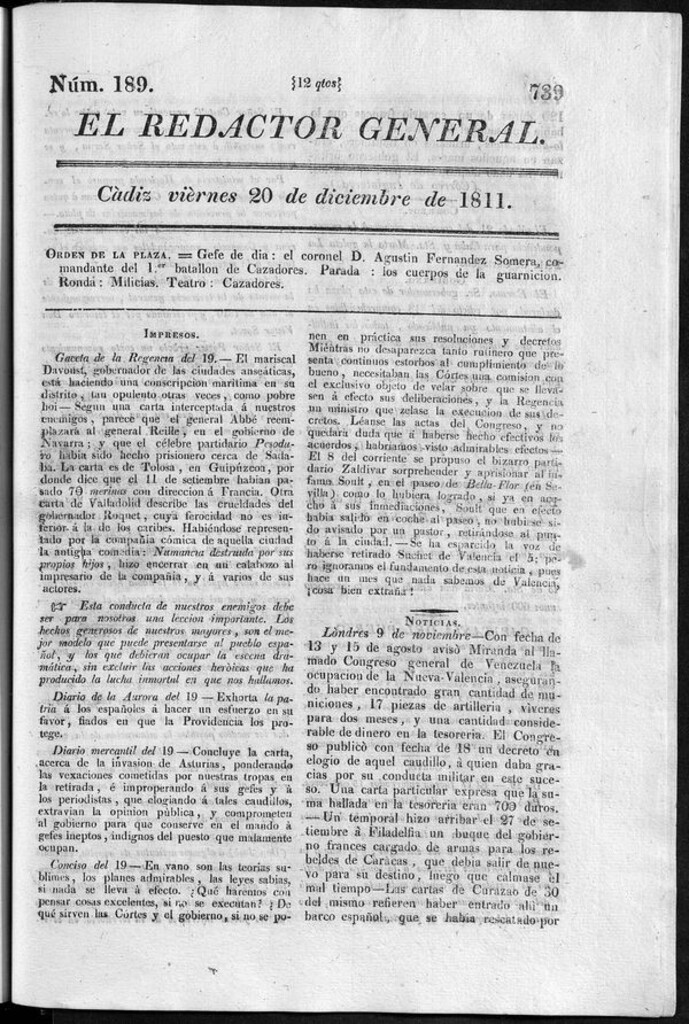 Miniatura de Redactor General del viernes 20 de diciembre 1811