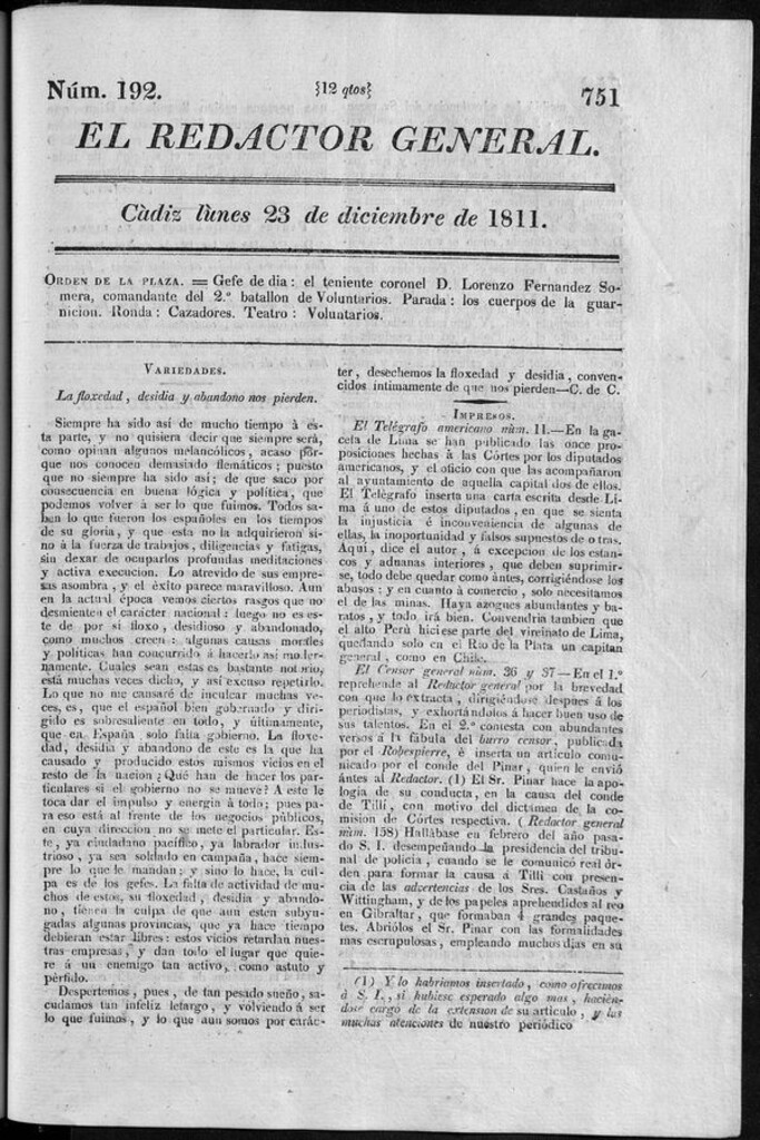 Miniatura de Redactor General del lunes 23 de diciembre 1811