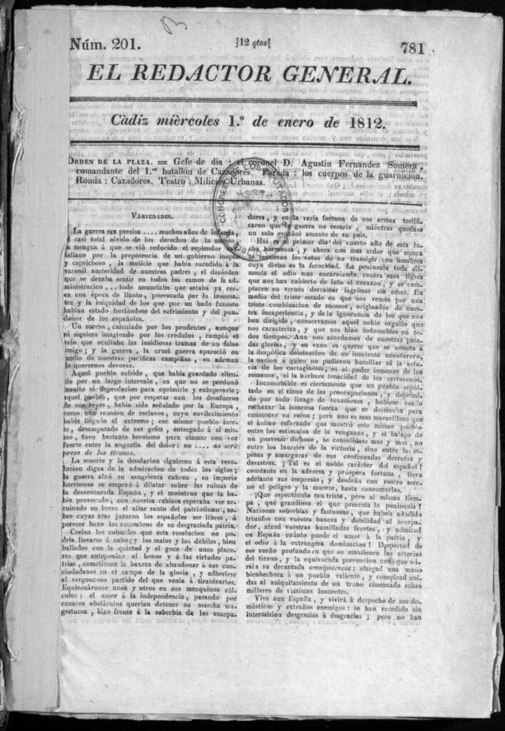 Miniatura de Redactor General del miércoles 1 de enero 1812