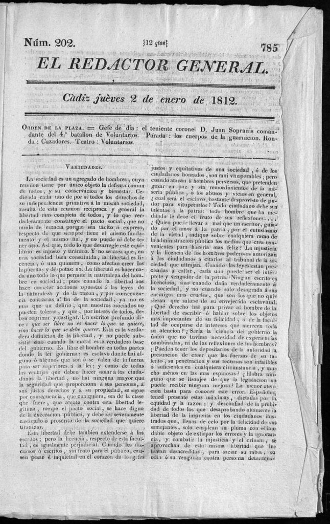 Miniatura de Redactor General del jueves 2 de enero 1812