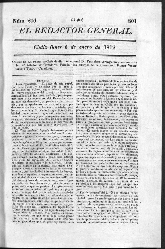 Miniatura de Redactor General del lunes 6 de enero 1812