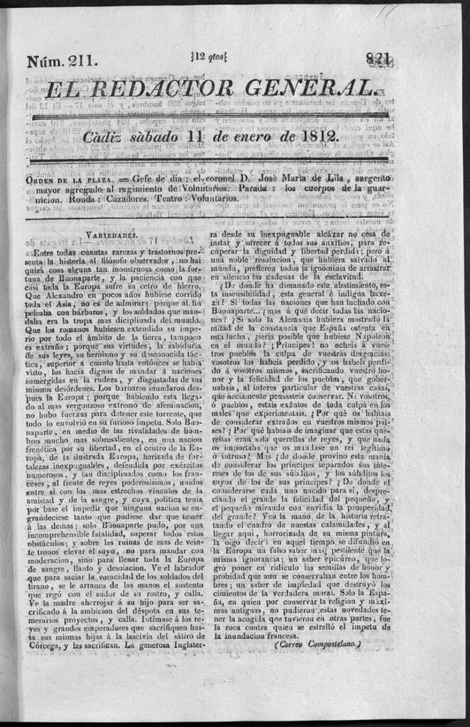 Miniatura de Redactor General del sábado 11 de enero 1812