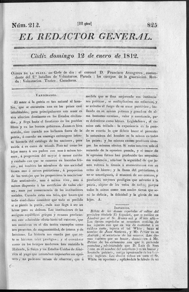 Miniatura de Redactor General del domingo 12 de enero 1812