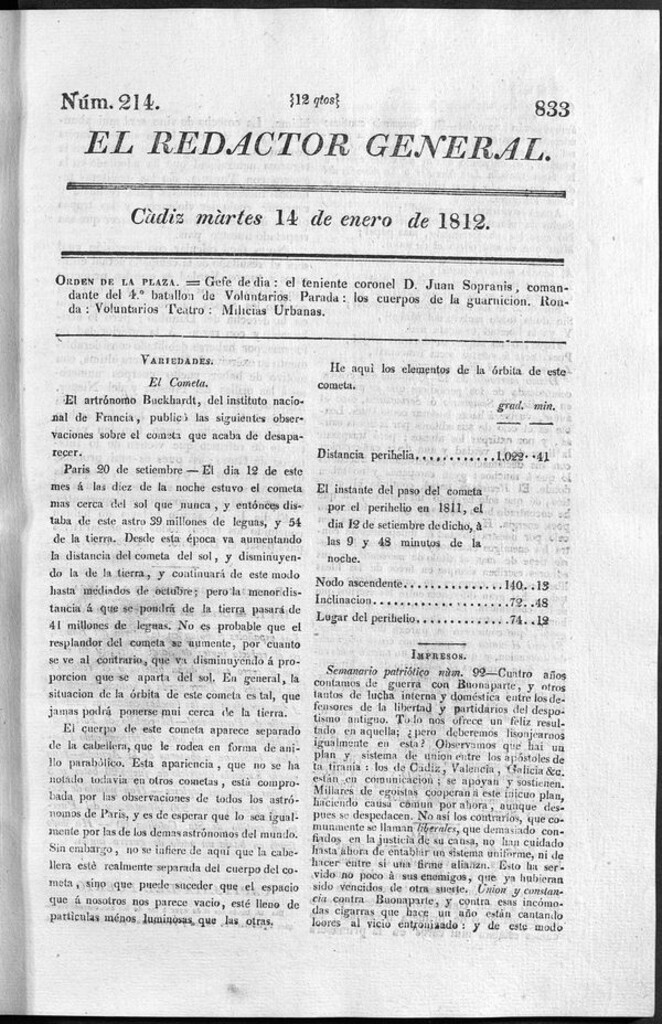 Miniatura de Redactor General del martes 14 de enero 1812
